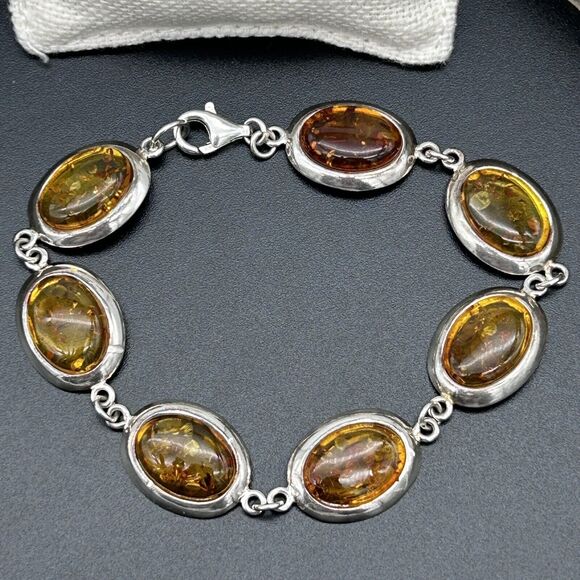 Baltic Amber 925 Sterling Silver Oval Bracelet 6.5” & Round Earrings 2pc Set - Picture 2 of 11